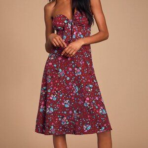 NWT - Lulus Ava Burgundy Floral Print Strapless Midi Dress - Size L